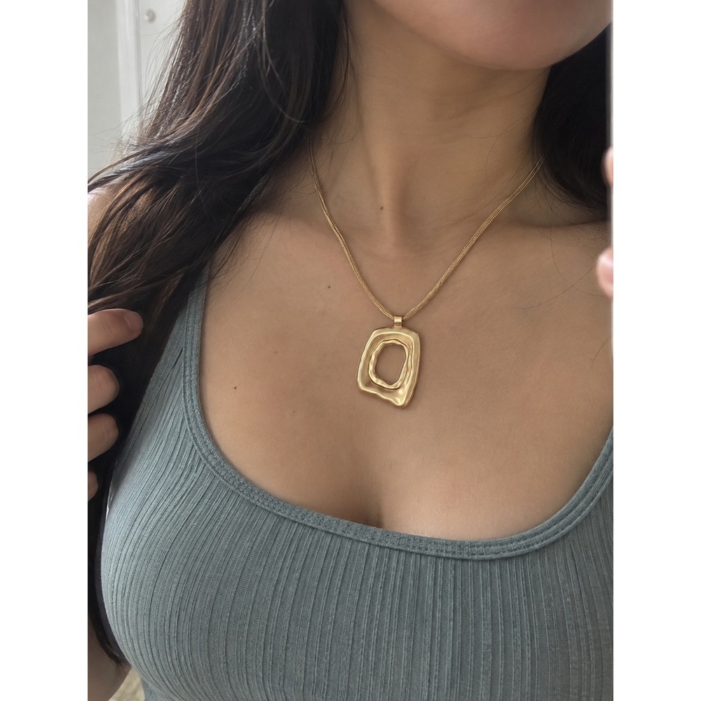 Modern Abstract Geometric Pendant Necklace Matte Gold Tone Statement Mesh Chain
